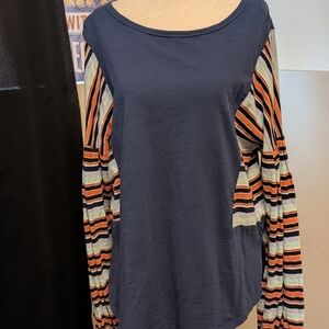 Umgee Navy Top with Striped Sleeves